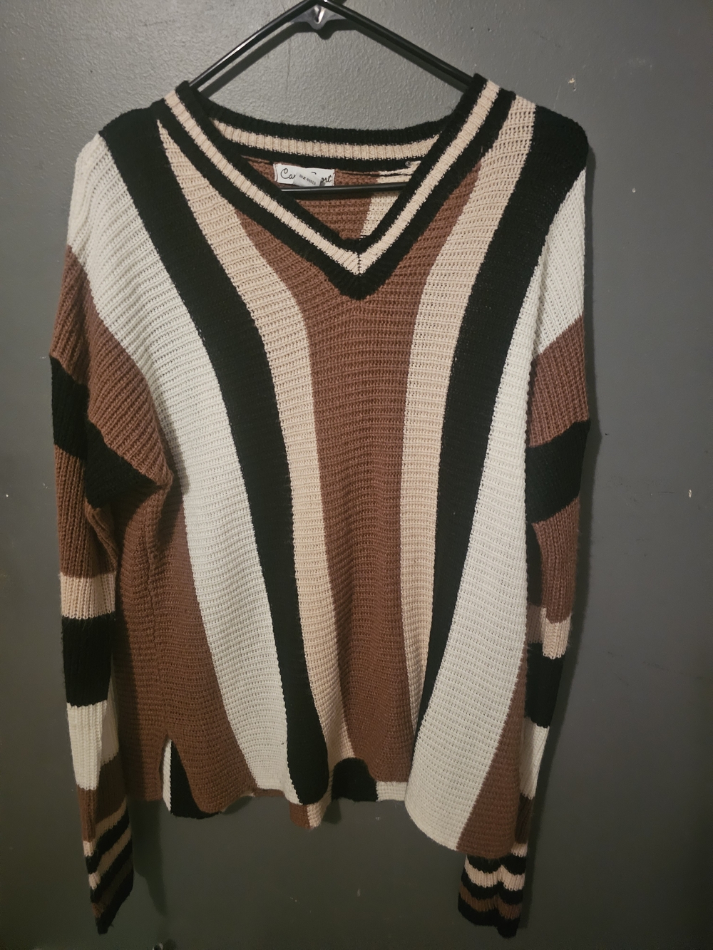 Caren Sport Brown Black Cream Striped V-Neck Sweater